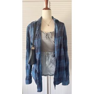 Merona Dark Blue Plaid Flannel Button Down Shirt